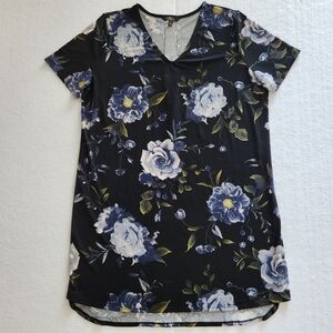 Christian Siriano Black and Blue Floral Short Sleeve Dress Size 2XL